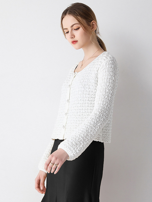 White Texture Design Knit Cardigan With Lantern Sleeve