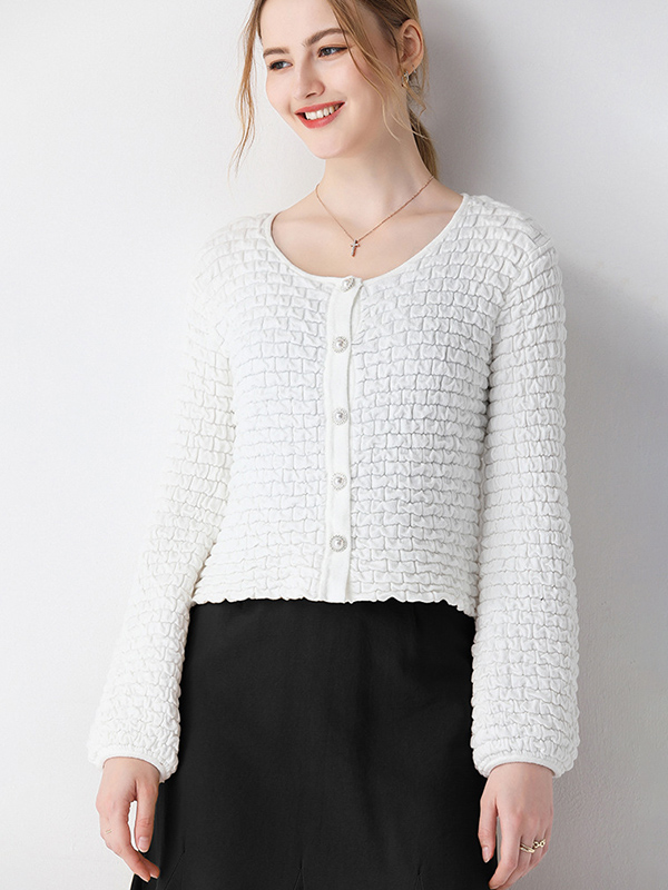 White Texture Design Knit Cardigan With Lantern Sleeve