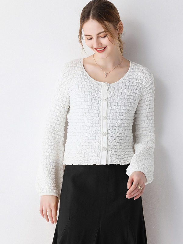 White Texture Design Knit Cardigan With Lantern Sleeve