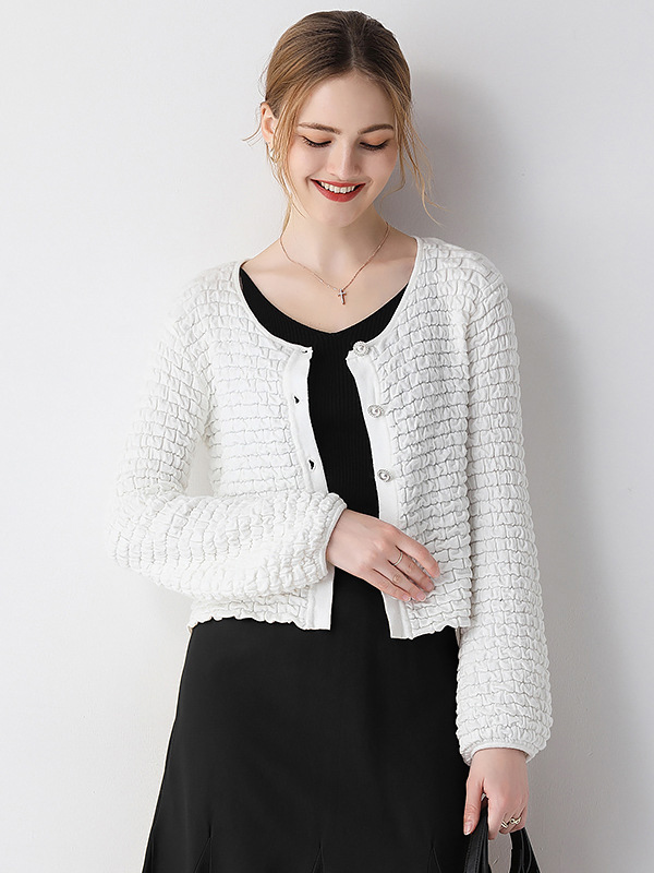 White Texture Design Knit Cardigan With Lantern Sleeve