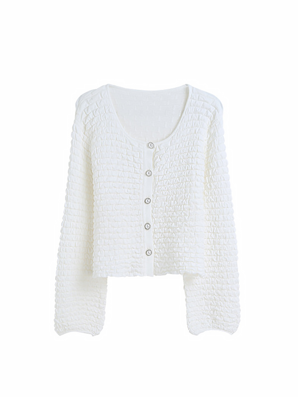 White Texture Design Knit Cardigan With Lantern Sleeve