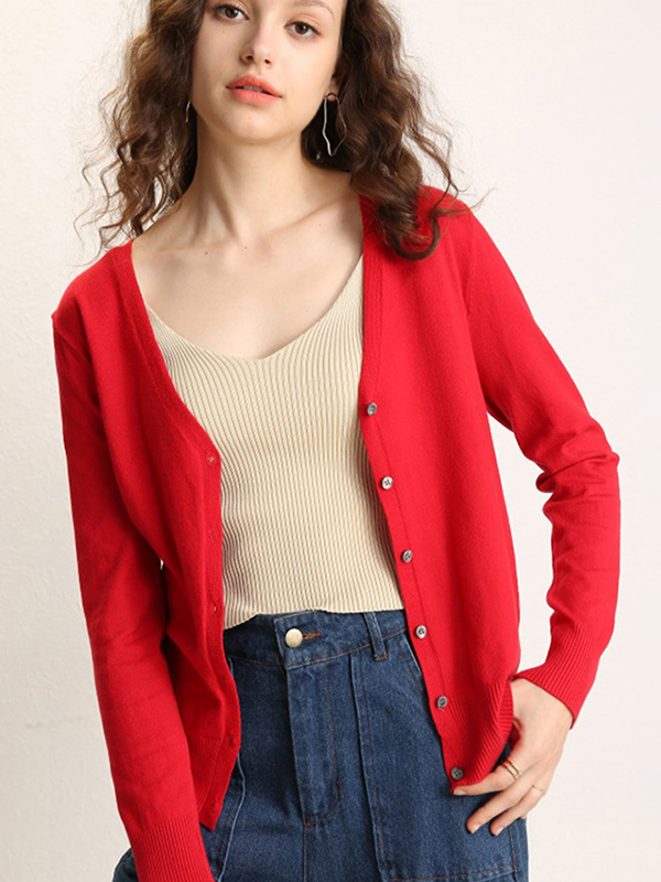 Red Texture Details Midi Knit Cardigan