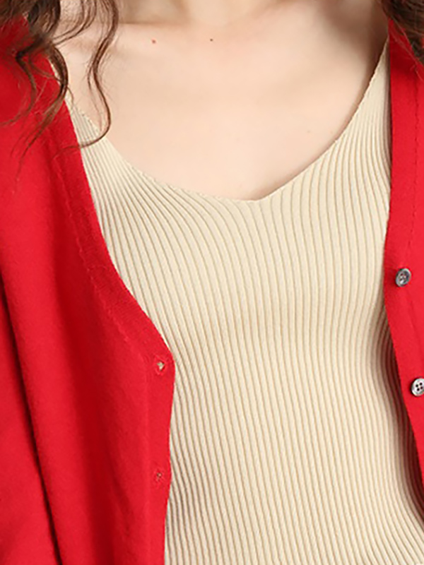 Red Texture Details Midi Knit Cardigan