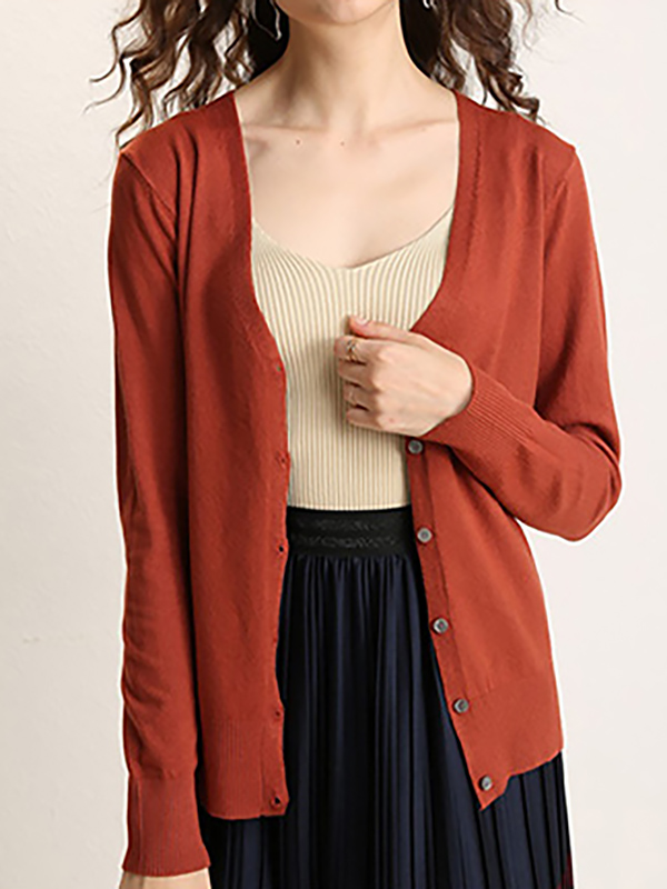 Brick Red Texture Details Midi Knit Cardigan