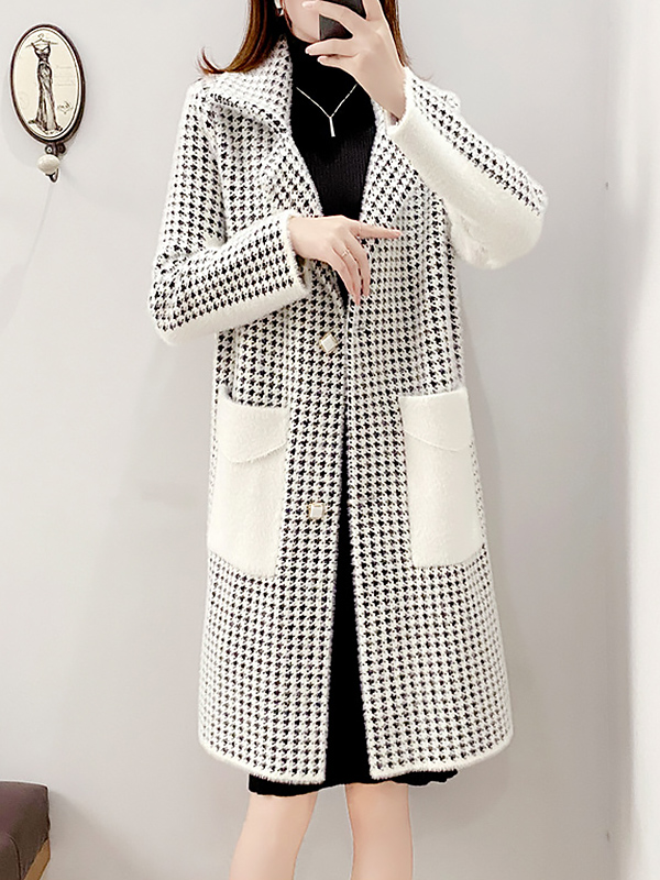 White Midi Knit Cardigan With Black Plaid