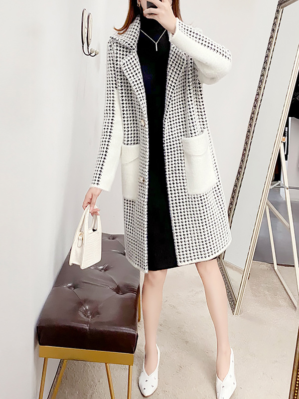 White Midi Knit Cardigan With Black Plaid