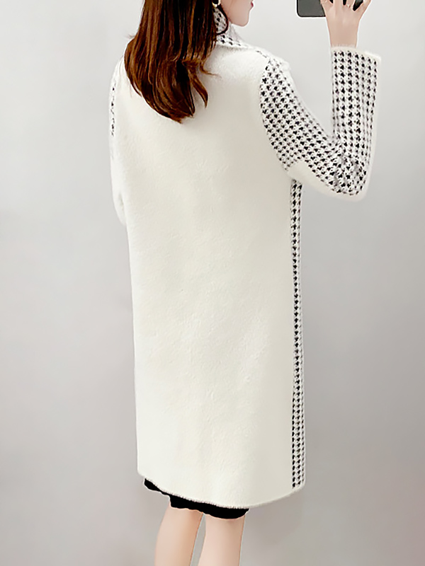 White Midi Knit Cardigan With Black Plaid