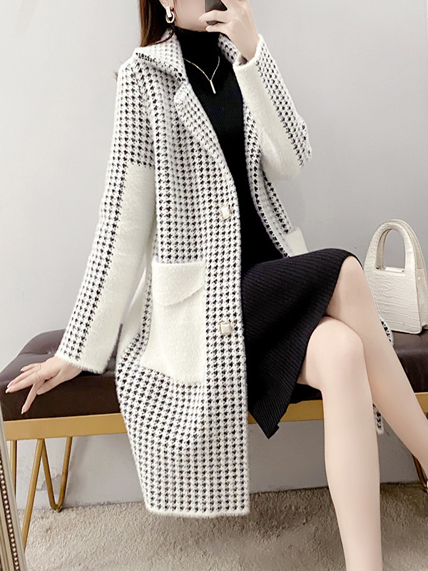 White Midi Knit Cardigan With Black Plaid