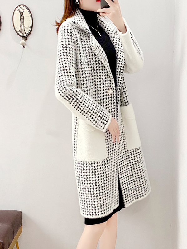 White Midi Knit Cardigan With Black Plaid