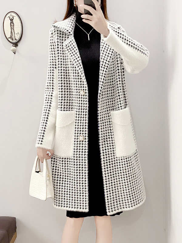 White Midi Knit Cardigan With Black Plaid