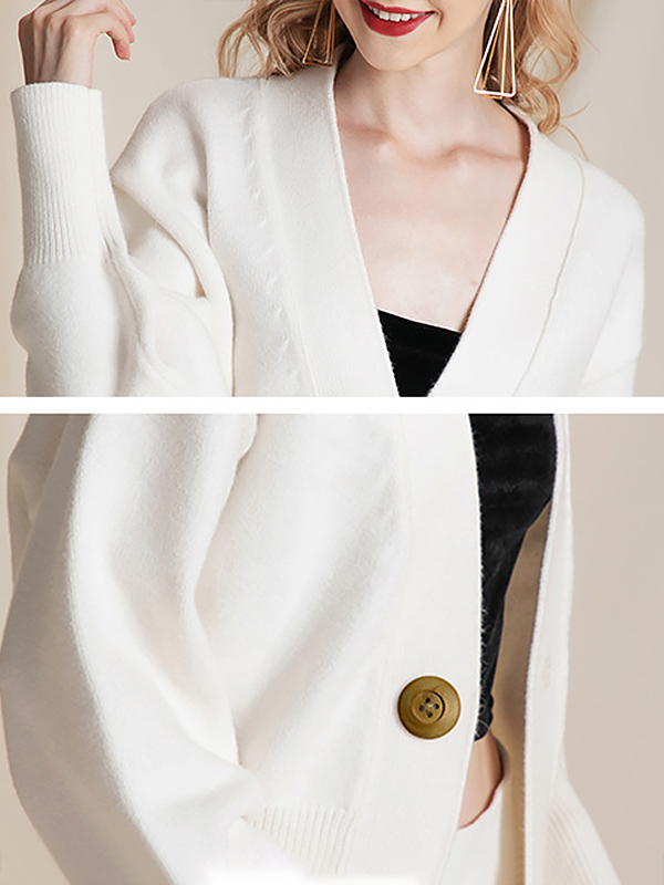 White Oversize Bamboo Button Design Knit Cardigan