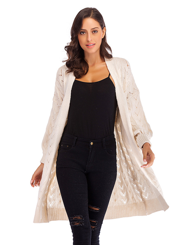 White Hollow-carved Design Lantern Sleeve Knit Cardigan