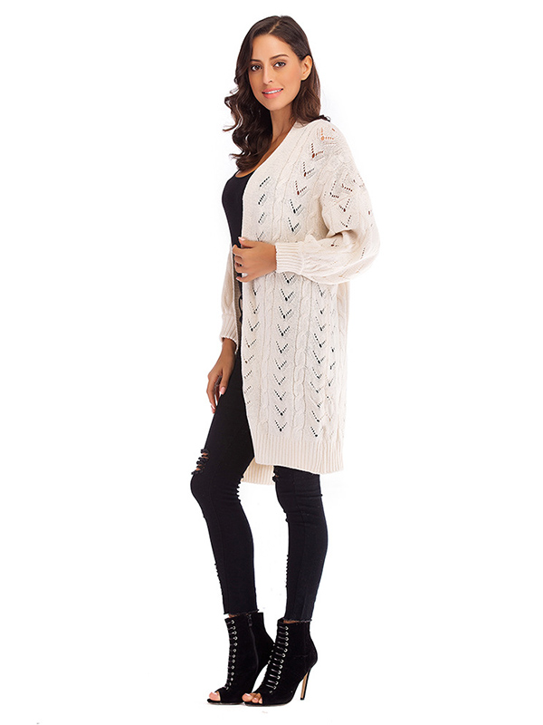 White Hollow-carved Design Lantern Sleeve Knit Cardigan