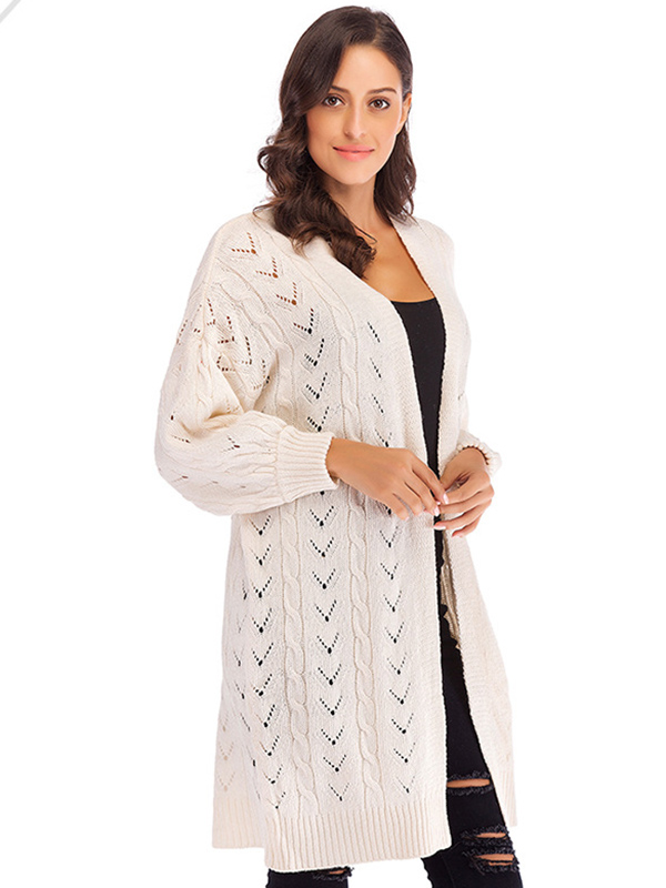 White Hollow-carved Design Lantern Sleeve Knit Cardigan