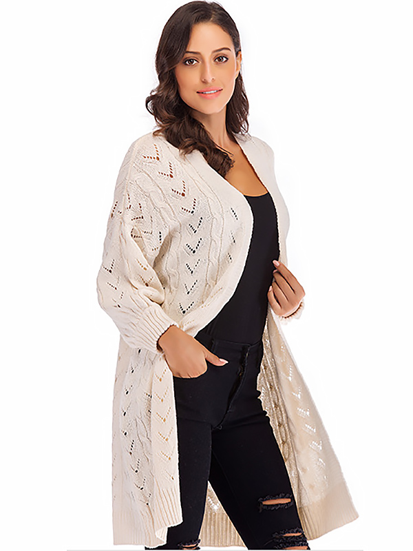 White Hollow-carved Design Lantern Sleeve Knit Cardigan