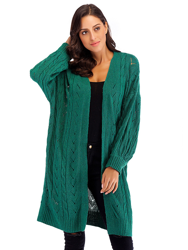 Green Hollow-carved Design Lantern Sleeve Knit Cardigan