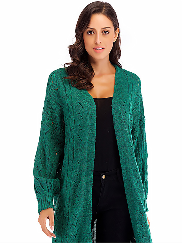 Green Hollow-carved Design Lantern Sleeve Knit Cardigan