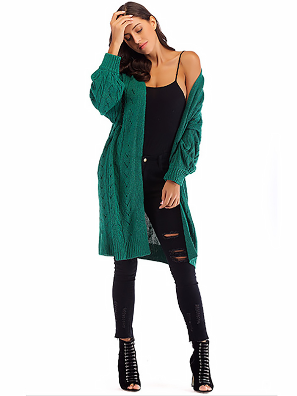 Green Hollow-carved Design Lantern Sleeve Knit Cardigan