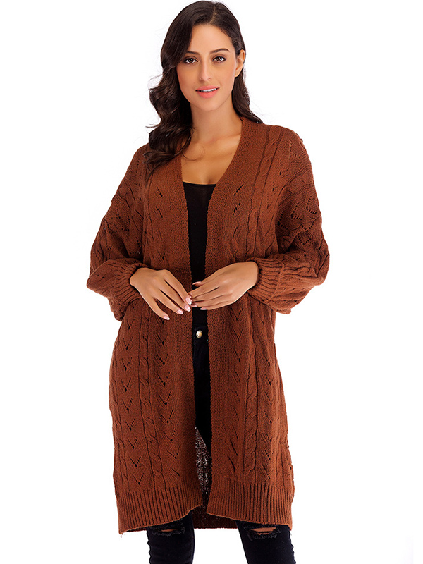 Brown Hollow-carved Design Lantern Sleeve Knit Cardigan