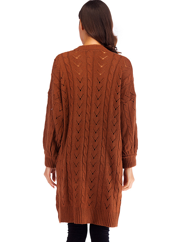 Brown Hollow-carved Design Lantern Sleeve Knit Cardigan