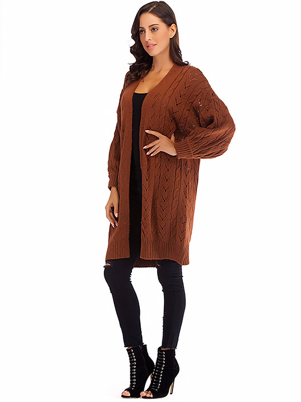 Brown Hollow-carved Design Lantern Sleeve Knit Cardigan