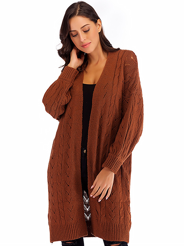 Brown Hollow-carved Design Lantern Sleeve Knit Cardigan