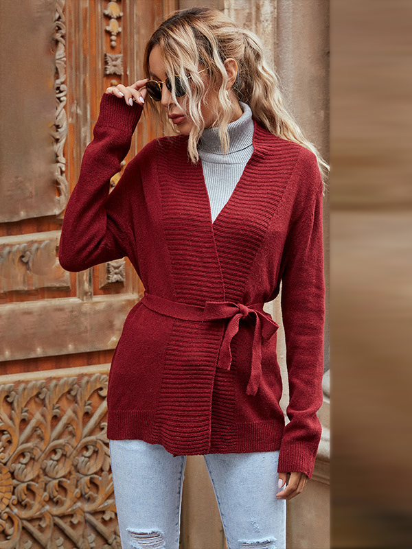 Red Wine Elegant V-neck Knit Cardigan