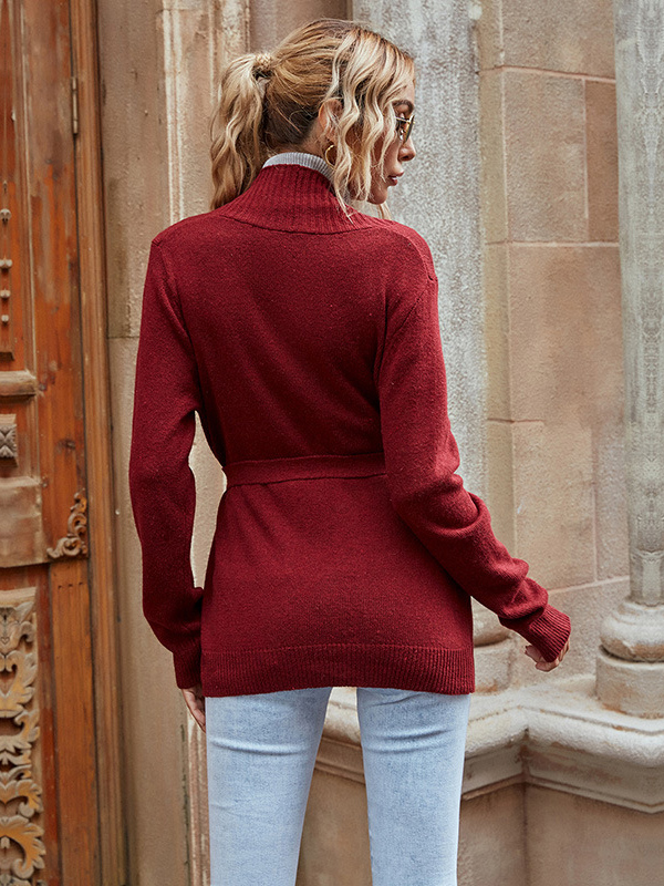 Red Wine Elegant V-neck Knit Cardigan