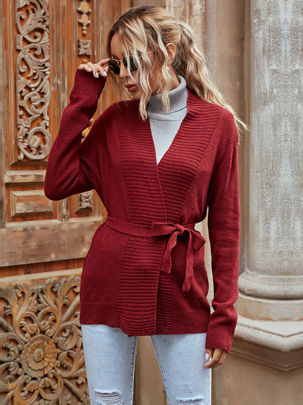 Red Wine Elegant V-neck Knit Cardigan