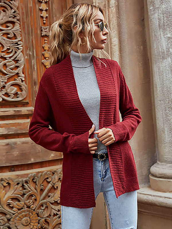 Red Wine Elegant V-neck Knit Cardigan