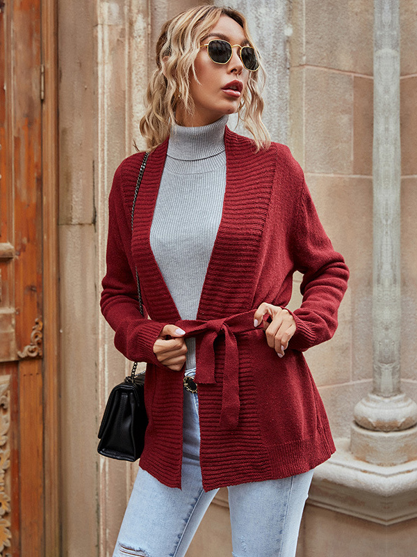 Red Wine Elegant V-neck Knit Cardigan