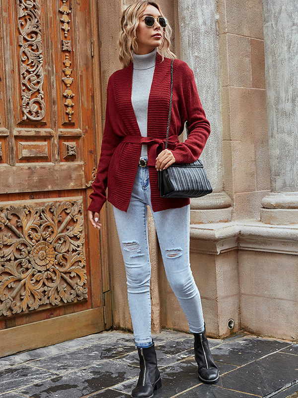 Red Wine Elegant V-neck Knit Cardigan