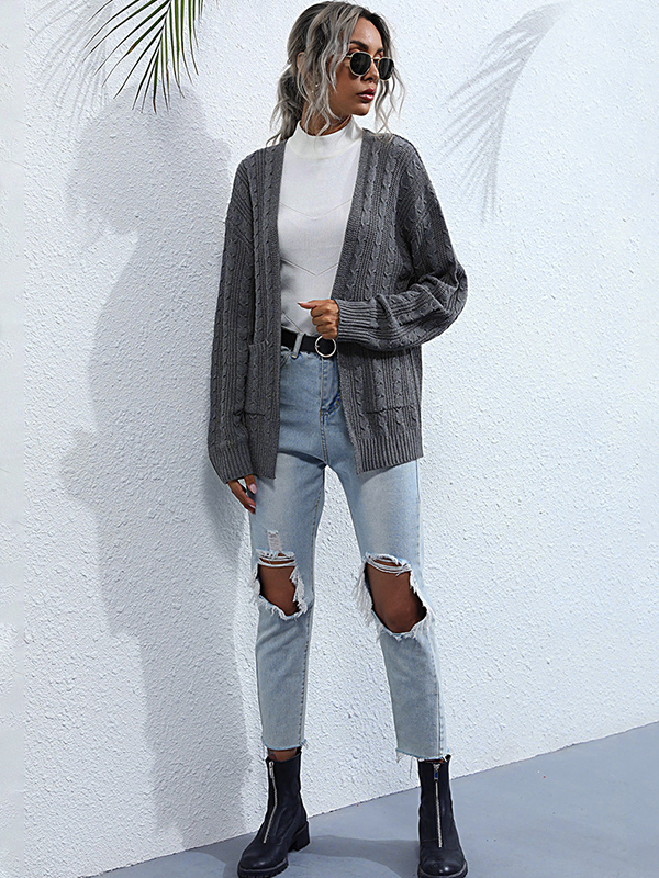 Grey Oversize Twist Knit Cardigan