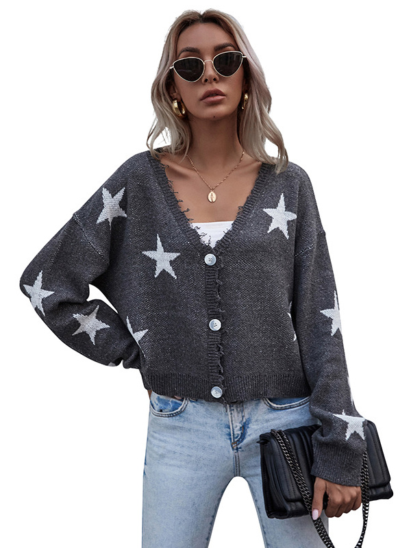 Grey Oversize Shiny Star Knit Cardigan