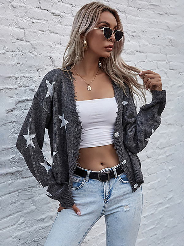 Grey Oversize Shiny Star Knit Cardigan