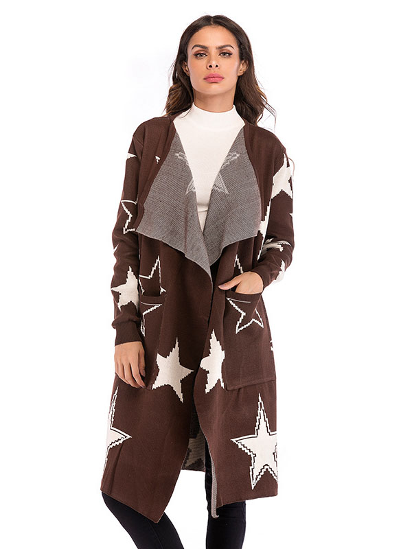 Brown Oversize Star Maxi Knit Cardigan