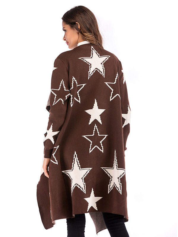 Brown Oversize Star Maxi Knit Cardigan