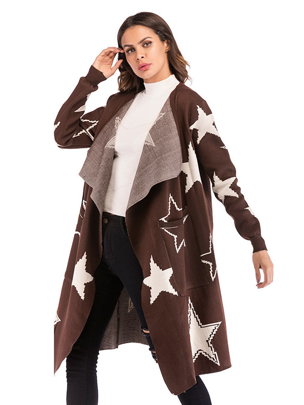 Brown Oversize Star Maxi Knit Cardigan