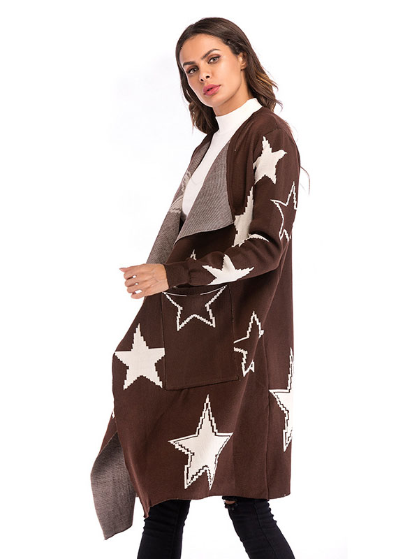 Brown Oversize Star Maxi Knit Cardigan