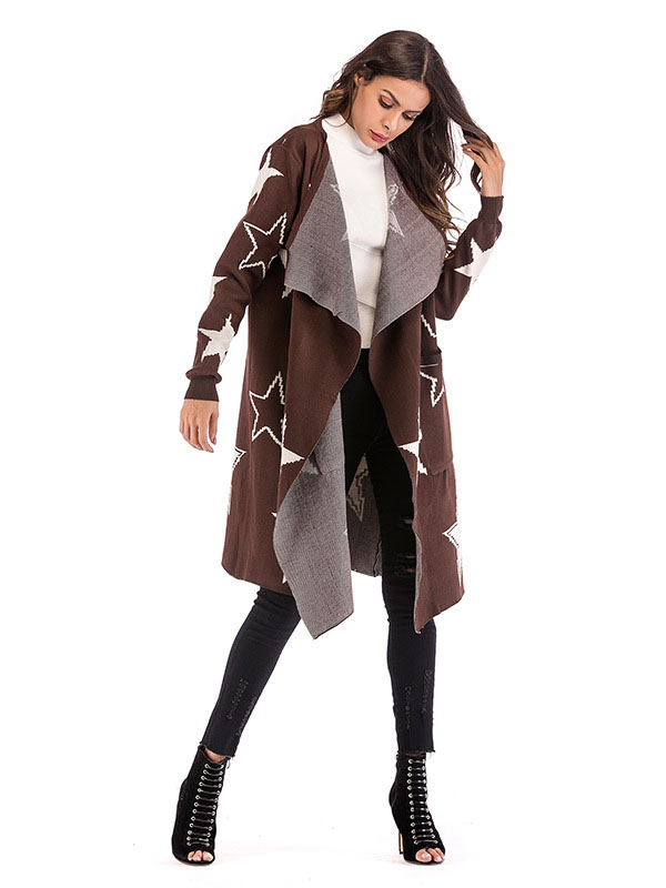 Brown Oversize Star Maxi Knit Cardigan