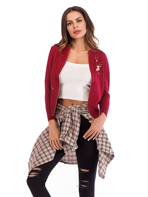 Red Embroidery Knit Bomber Cardigan