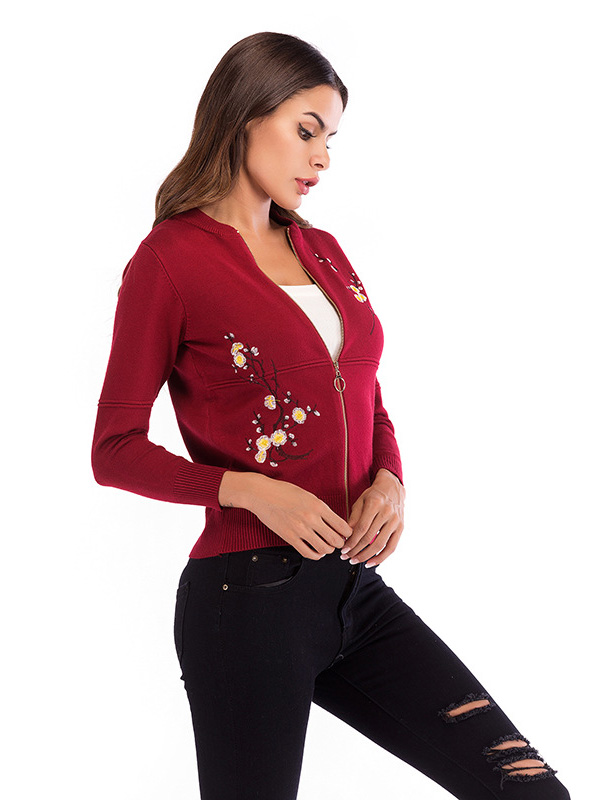 Red Embroidery Knit Bomber Cardigan