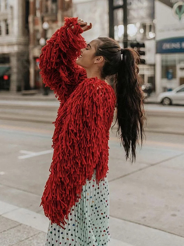 Red Handwork Tassel Knit Cardigan