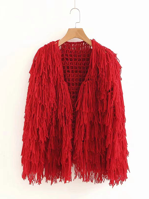 Red Handwork Tassel Knit Cardigan