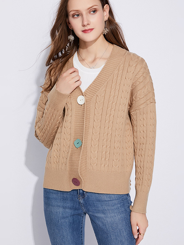 Khaki Colorful Button Knit Cardigan