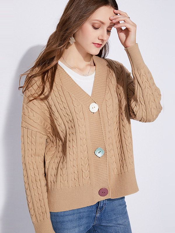 Khaki Colorful Button Knit Cardigan