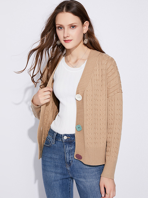 Khaki Colorful Button Knit Cardigan