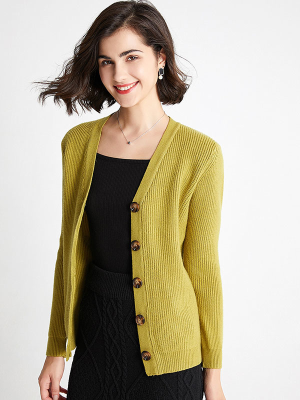 Green Elegant V-neck Knit Cardigan