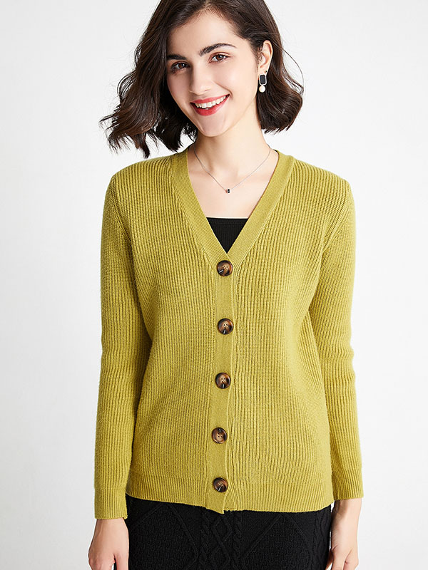 Green Elegant V-neck Knit Cardigan