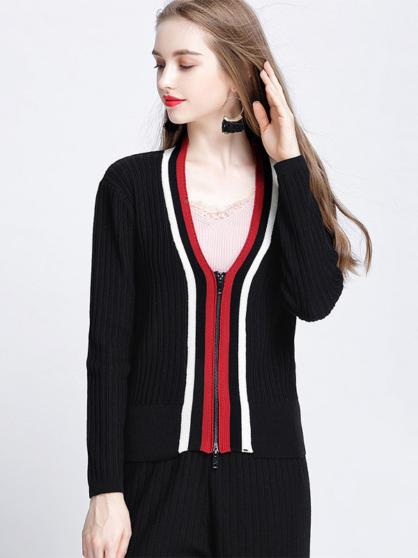 Black Contrast Zip Fastening Knit Cardigan